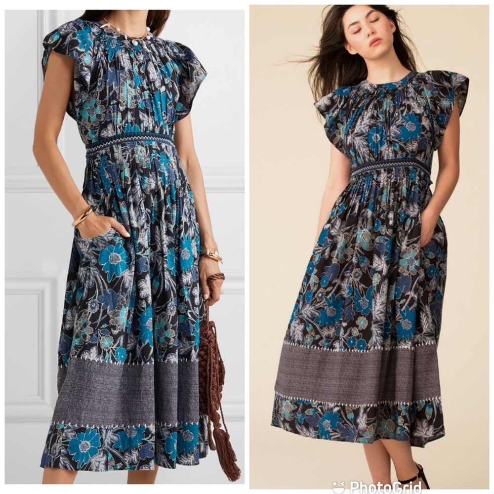 Ulla Johnson Lottie Midi Voile Dress Lapis Blue Floral Sz 8